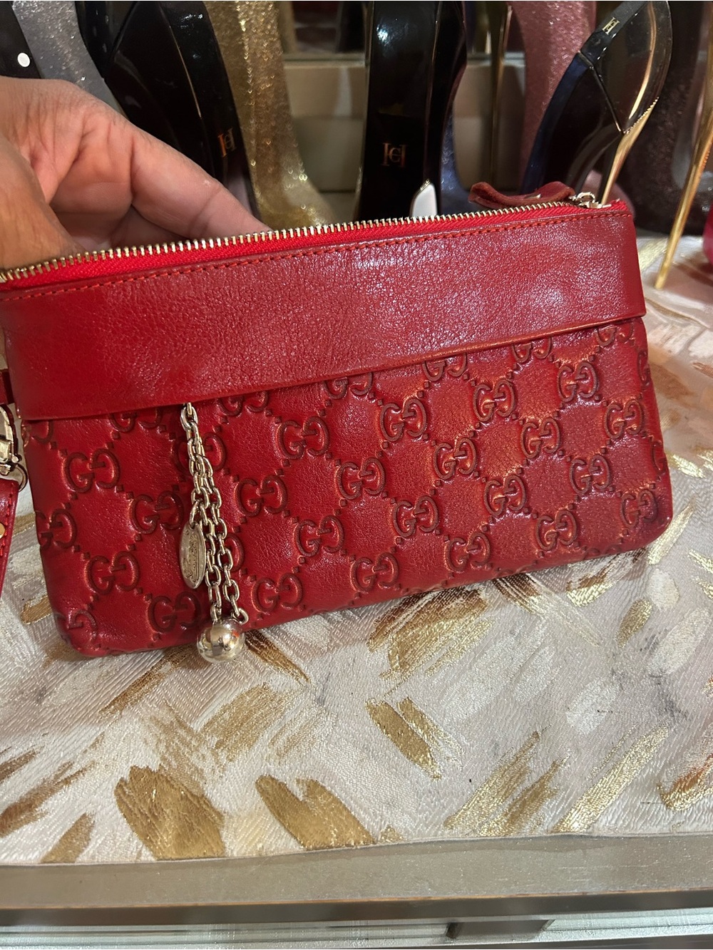 Vintage GG Red Embossed GG Leather Wristlet with Silver Chain Charm